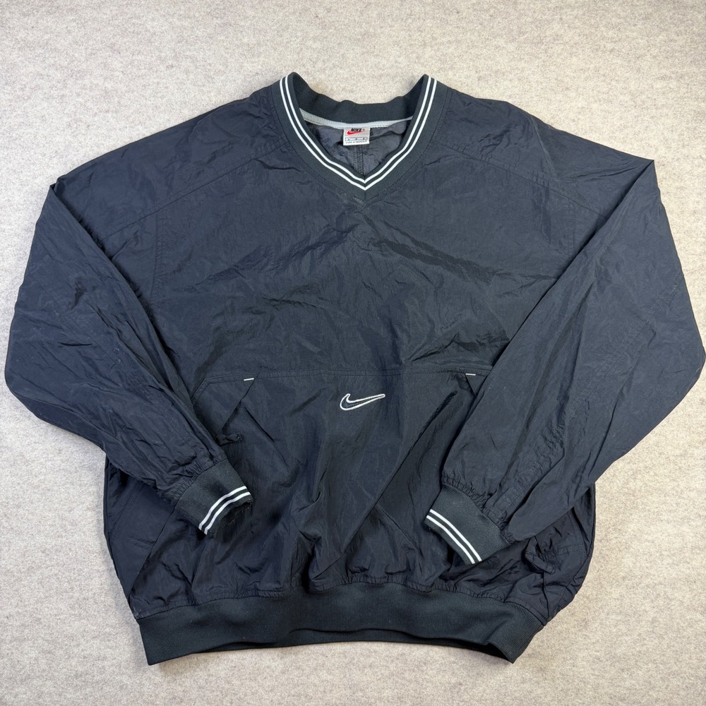 Vintage Nike V-Neck Windbreaker Pullover Black Nylon Swoosh Mens Large